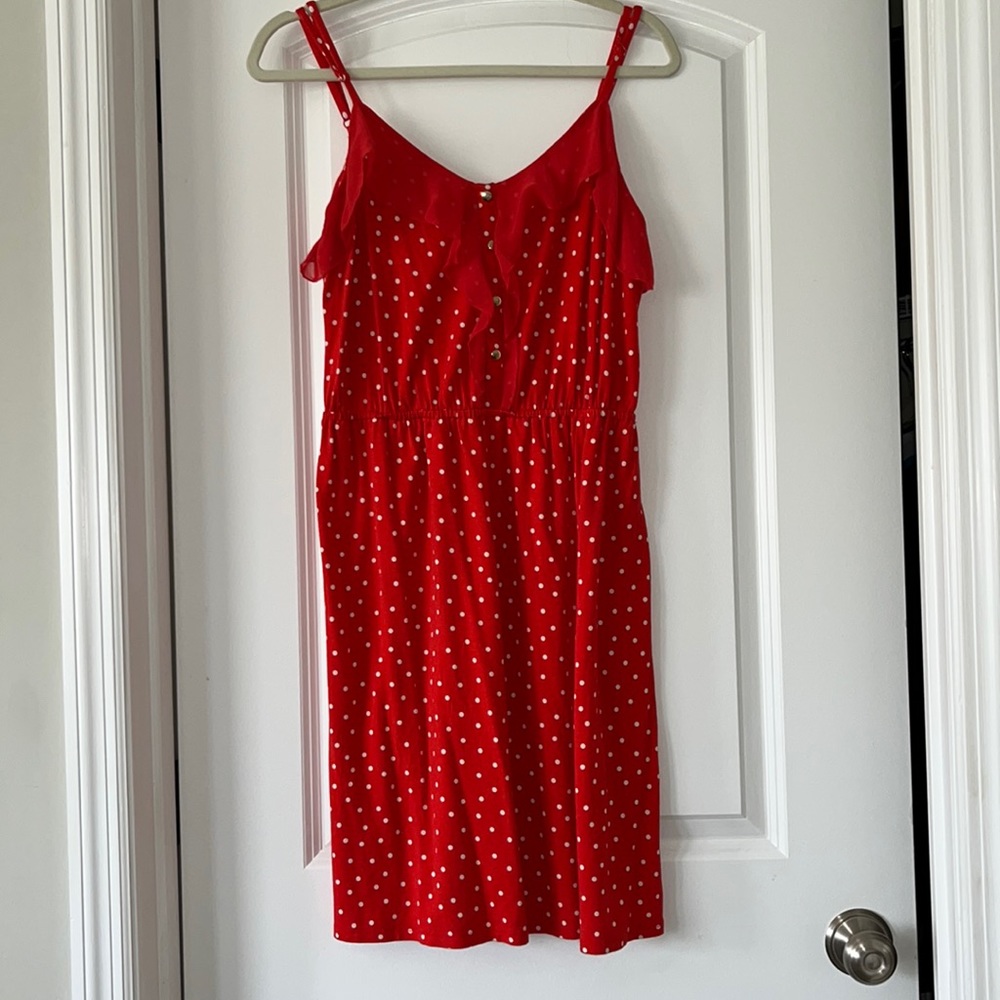 Polka dot red and white babydoll spaghetti strap spring dress!